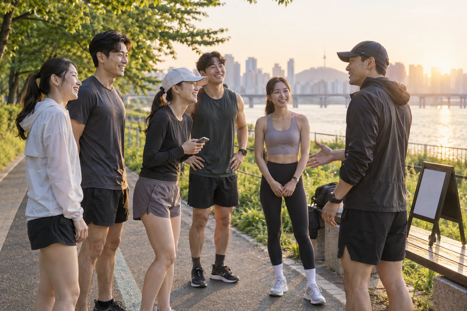 함께 운동을 준비하는 생활체육 모임을 표현한 AI 이미지